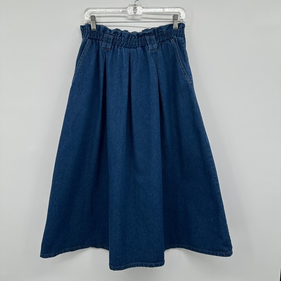 Vintage Denim Skirt Medium Pleated Pockets Elastic High Waist Quiet Luxury USA - Picture 7 of 7